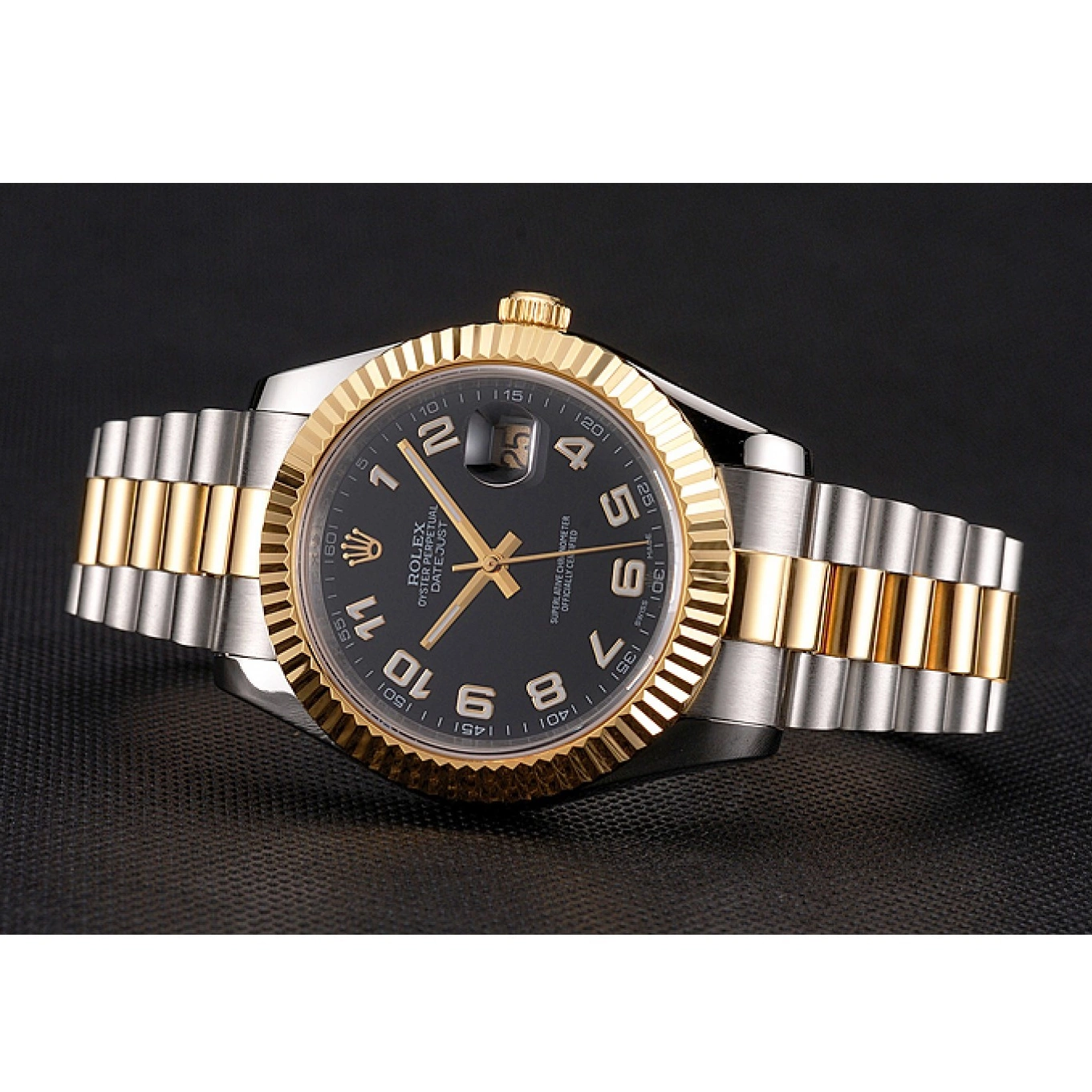Aaa fake watches Gold Bezel Case Bracelet Swiss Tone Dial Steel Two Datejust Stainless Rolex Black 0825